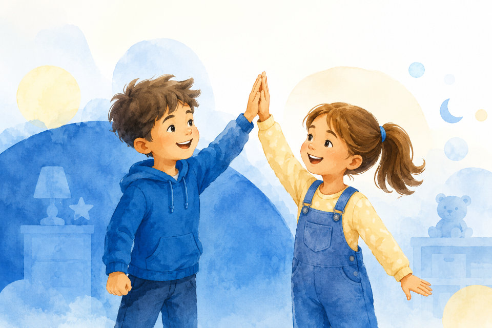 Event_ Wenn das Bett nachts nass wird Zwei Kinder geben sich in einer freundlichen Illustration ein High Five.